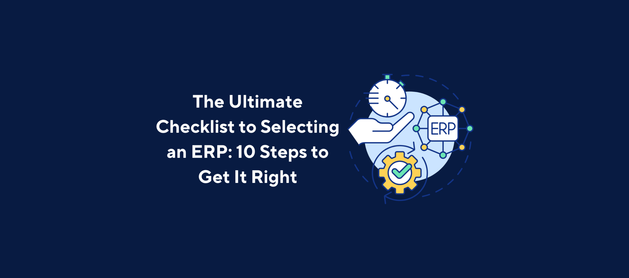 A checklist for selecting an ERP system, with icons of a stopwatch, gear with checkmark, and network node labeled ERP, alongside Kolleno logo and guide title